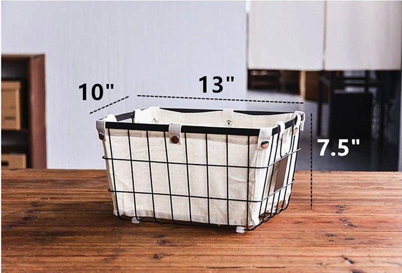 DODXIAOBEUL Handmade -Open Storage Bread Food Basket,Kitchen Cabinet and Pantry Storage Organizer Bin & Containers- Two Cut-Out Handles Wire Metal with Canvas Lining 13x10x7.5 Inches Black - Image 3